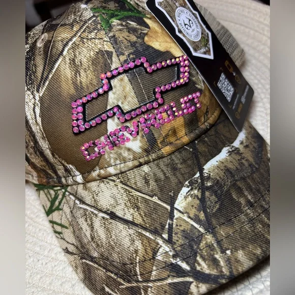Chevy Bling Camo Cap Hot Pink Iridescent Rhinestones Size OSFM New!